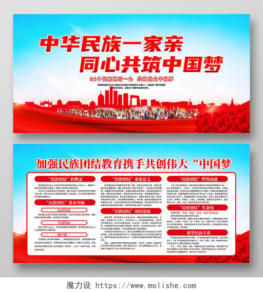 红色中华民族一家亲同心共筑中国梦宣传栏民族团结宣传展板